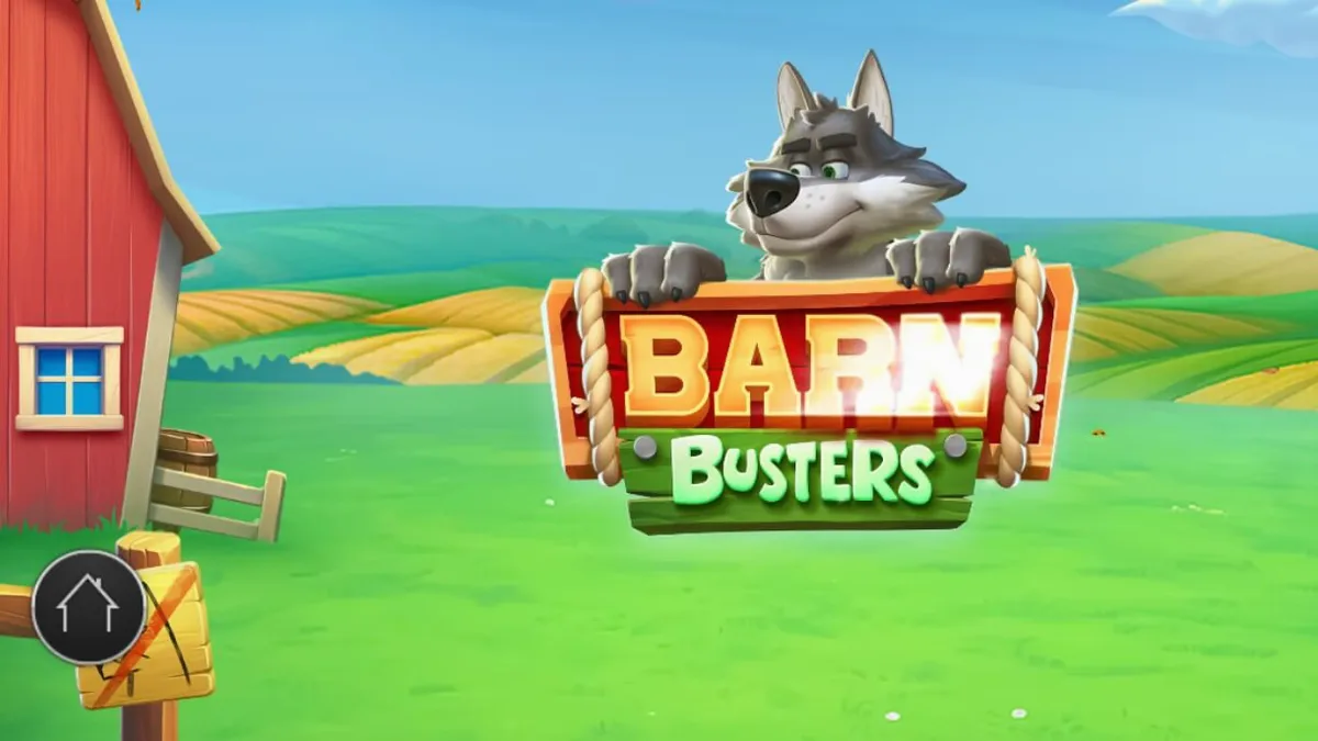 Visual colorido e rústico do slot Barn Busters com o lobo e elementos de fazenda