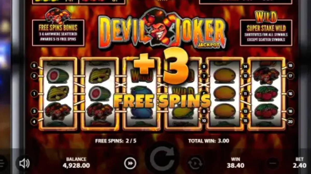 Interface do jogo Devil Joker Jackpot com símbolos clássicos e tema infernal
